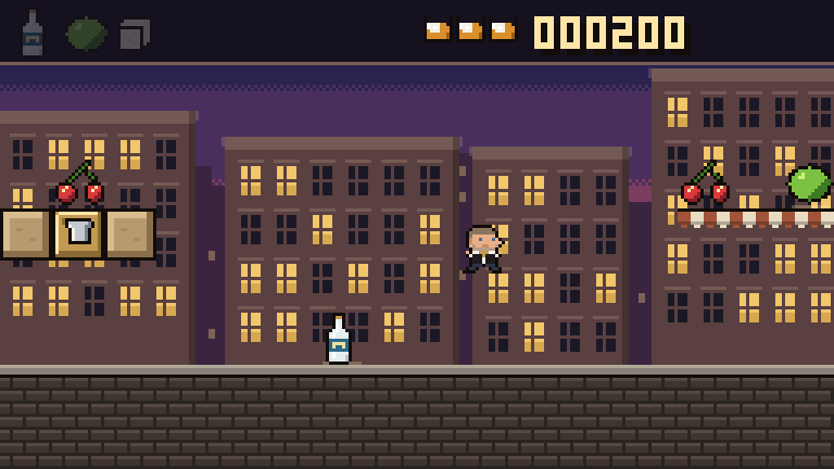 Pixel-Spielszene: der Barkeeper springt durch eine Gasse in Ottakring, über ihm Kirschen und eine Limette